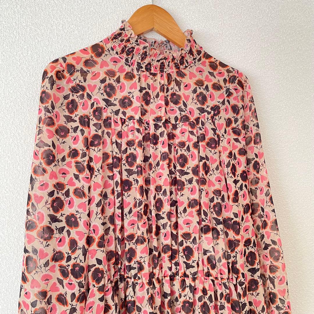 アナイ 36 パンジー柄　シャーリング　ロングワンピース