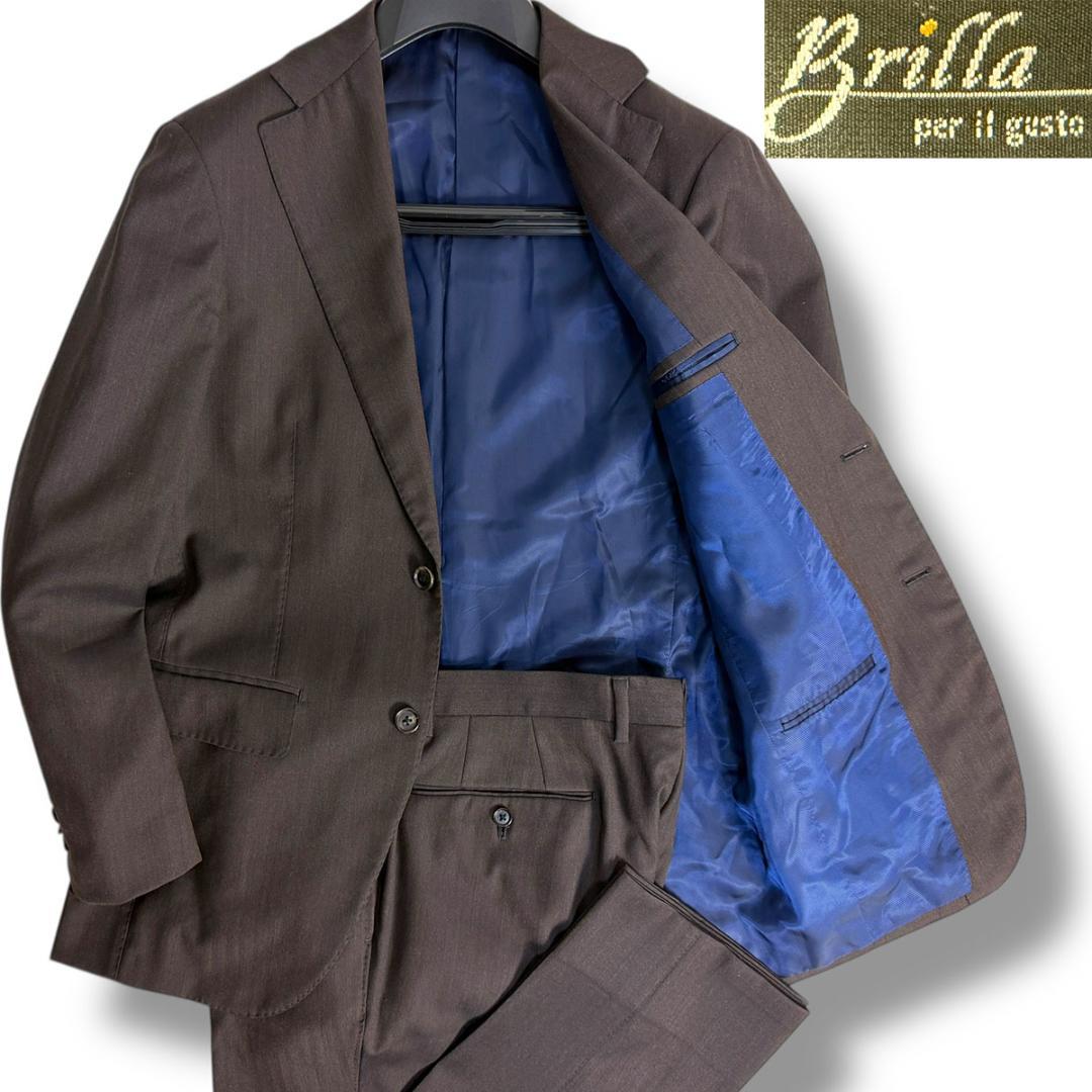 J3598 美品 ブリッラペルイルグスト カノニコ生地ヘリンボーンスーツ 茶46