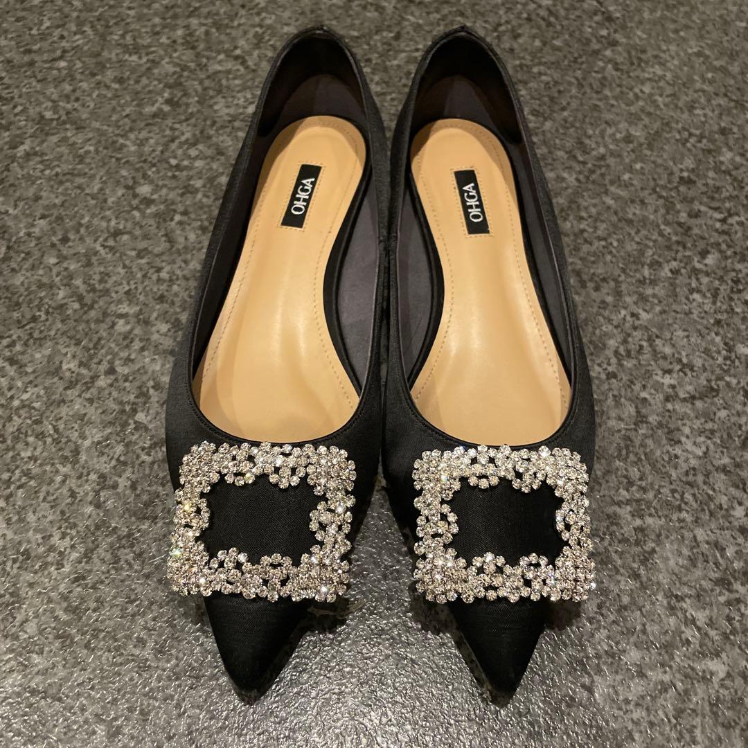 OHGA♡ビジュー付き黒サテンフラットシューズ♡