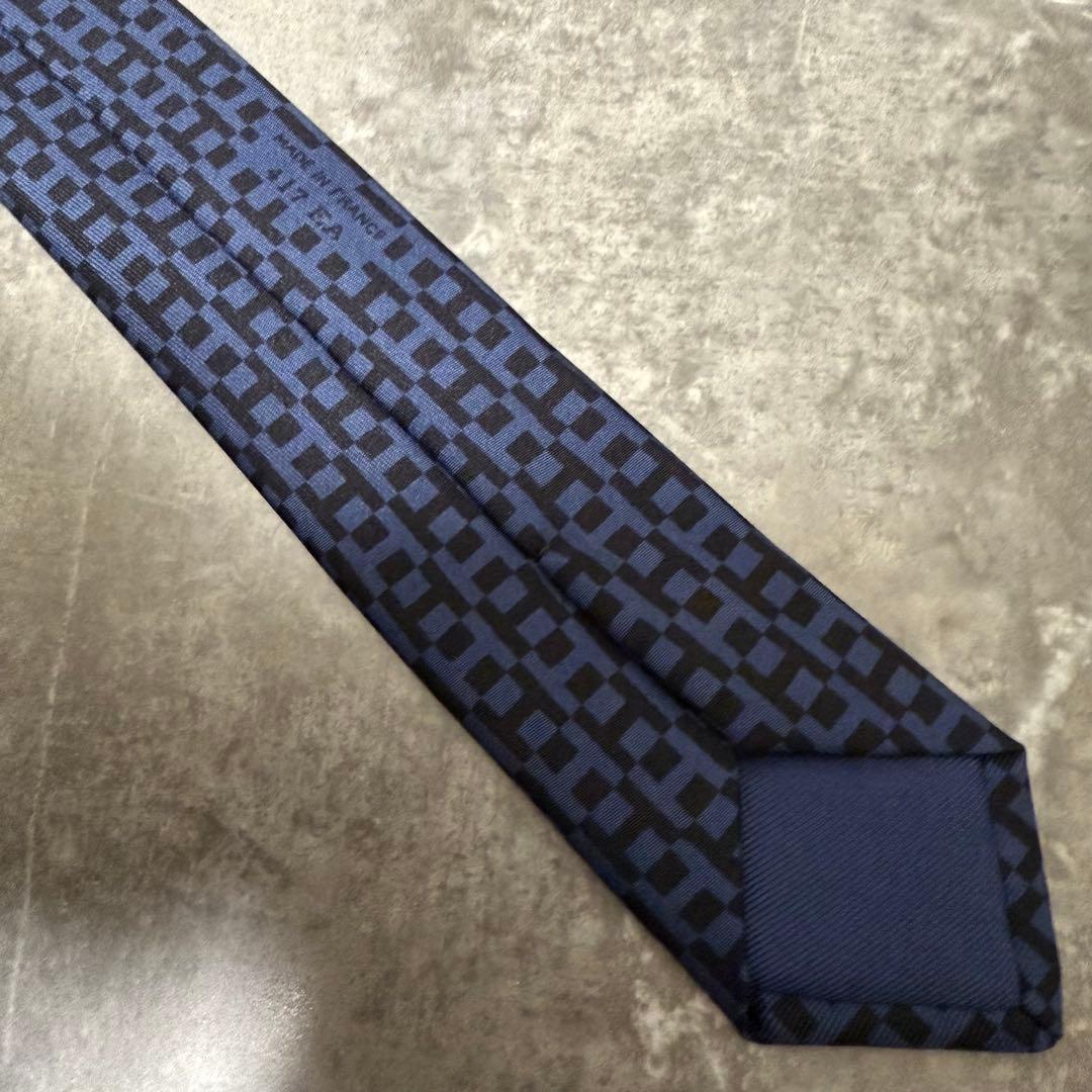 【✨極美品✨】HERMES エルメス ネクタイ ファソネ H柄 ネイビー シルク