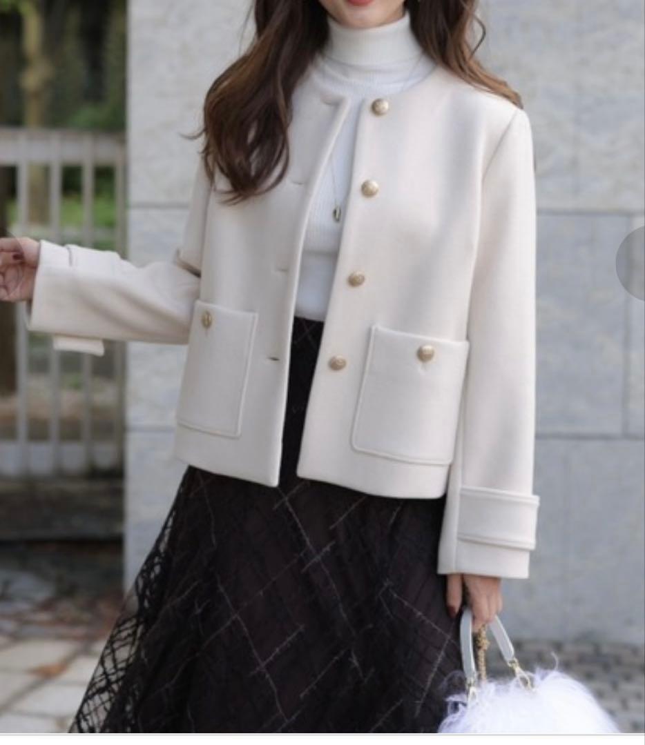 新品　アプワイザーリッシェ　ノーカラーショートコート　2 ホワイト　ジャケット