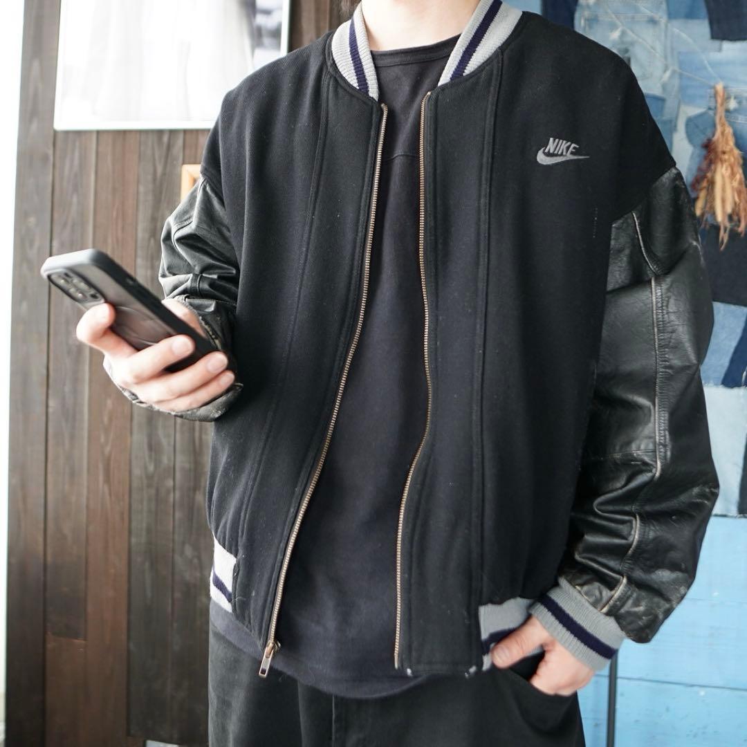 レア NIKE 90s スタジャン 袖レザー ブラック 刺繍