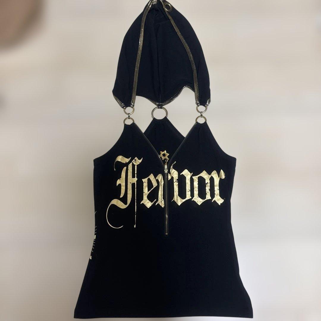 フード付きタンクトップ ブラック ゴールドプリント