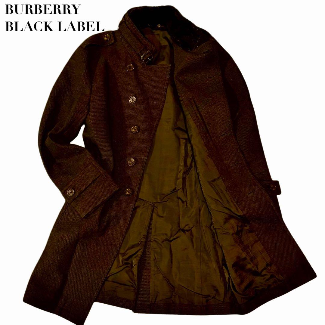 バーバリー ブラックレーベル ウールコート Mファー スタンドカラー 黒