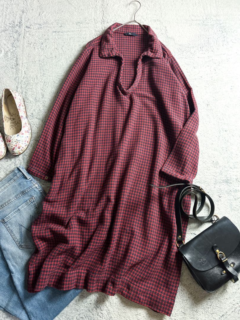 【45R】45rpm 綿100% 千鳥格子柄 スキッパーシャツワンピース 赤 0