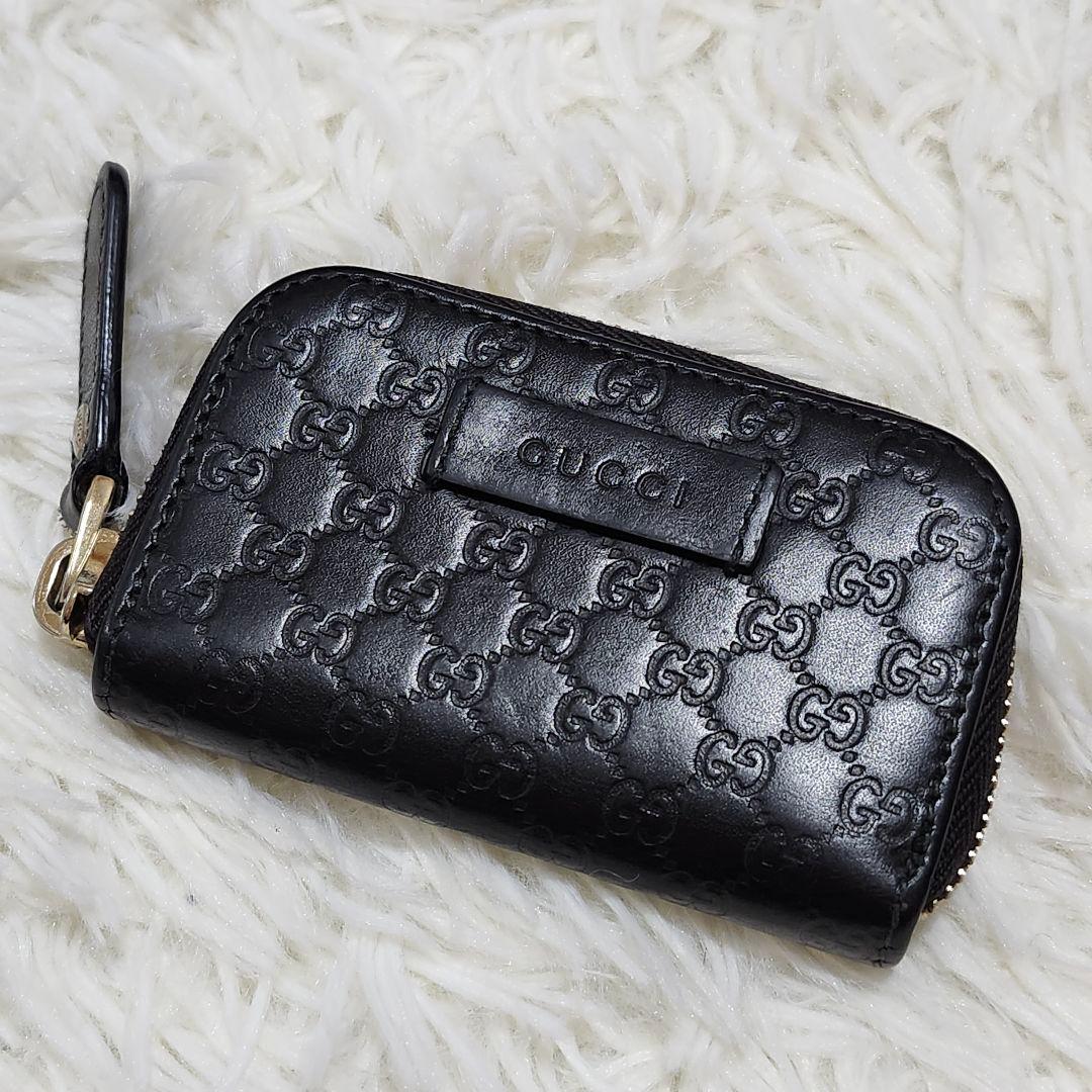 グッチ　ケース　マイクロシマレザー　GG柄　ラウンドファスナー　ブラック
