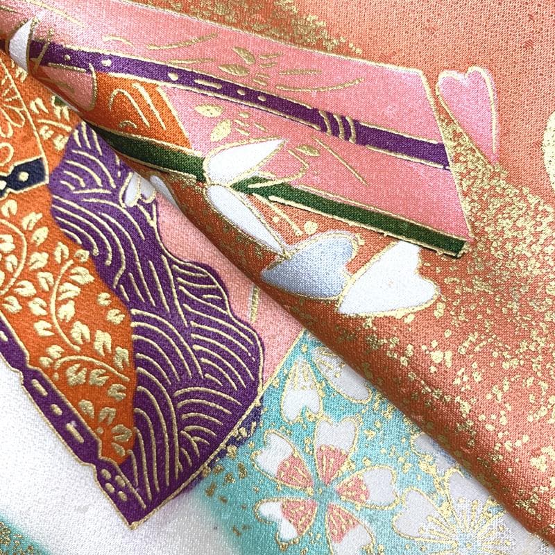 408ag43□七五三 七歳 女児 着物&開き帯＆長襦袢 金彩 扇 桜□状態良好