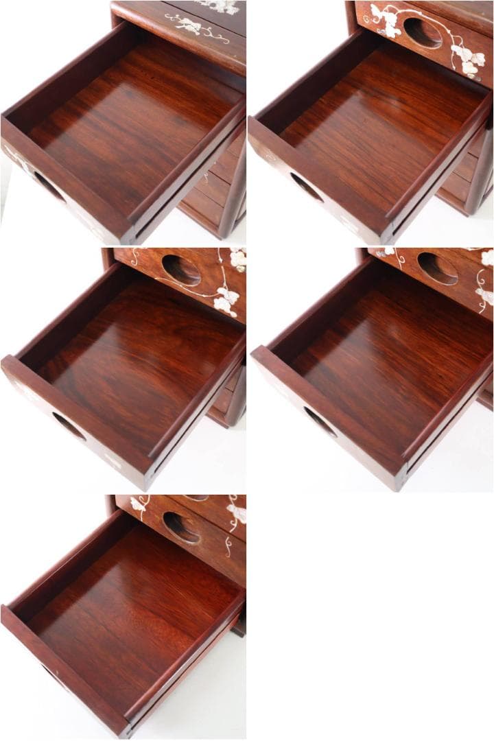 値下高級銘木 唐木 花梨無垢 螺鈿細工 葡萄図 小抽斗 5段 小箪笥 小引き出し