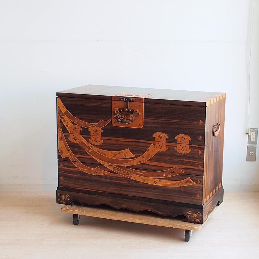 木象嵌 唐木無垢材 3段チェスト 鍵無 寄木