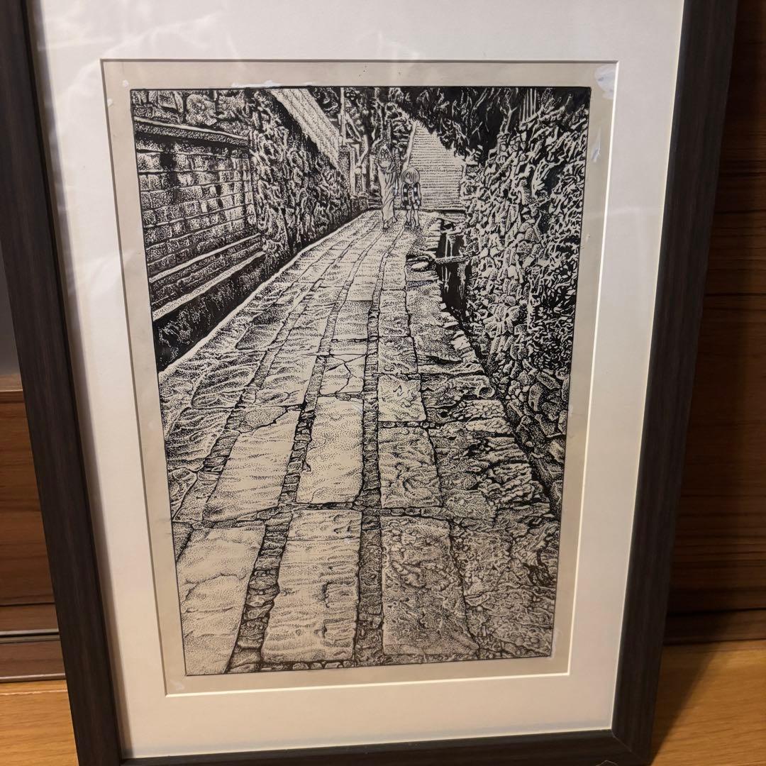 水木しげる アシスタント直筆原画 点描作品 「石畳の道」 額装品 希少原稿