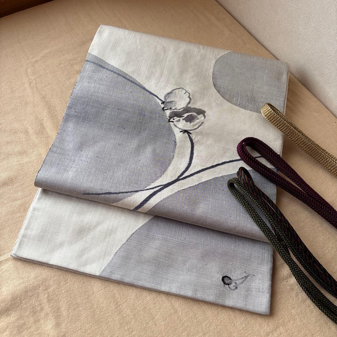 可愛いすずめ絵　織物のアート　紬袋帯　作家物