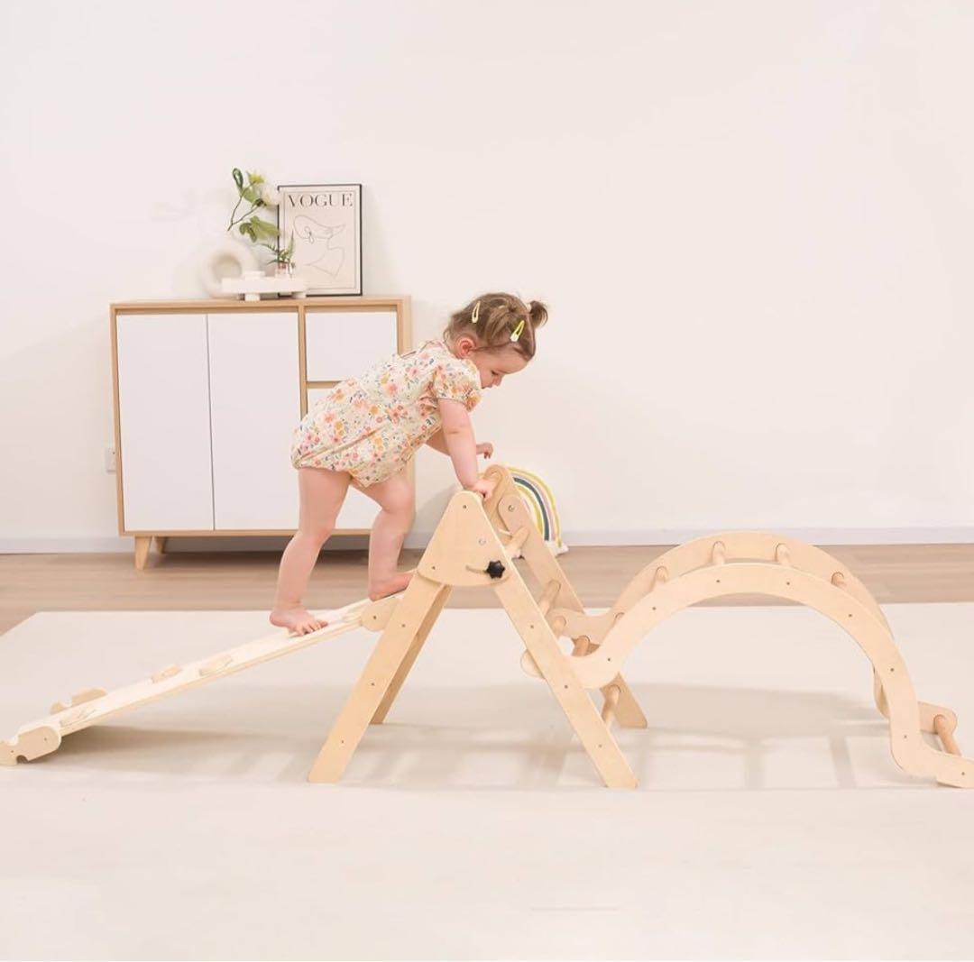 クライミングセット、スライディングランプ＆アーチランプ付き、折りたたみ式木製