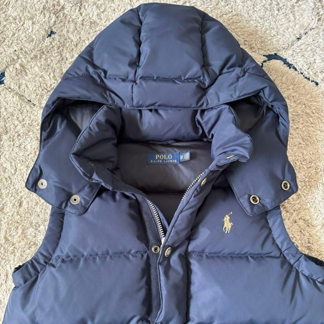 【美品✨】ポロラルフローレン　ダウンベスト　フード　レザー　ポニー刺繍　ネイビー