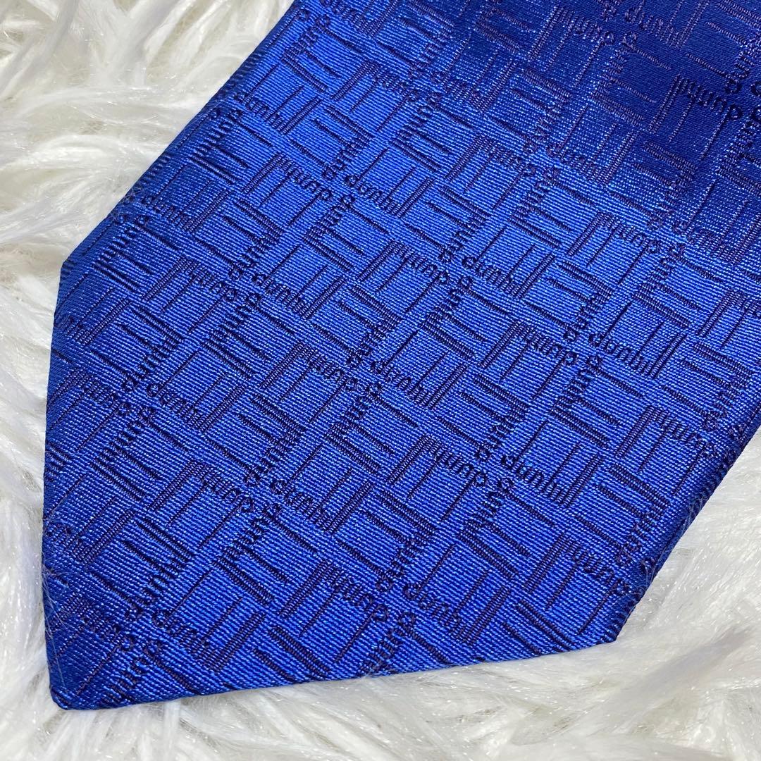 未使用タグ付き　dunhill ダンヒル ネクタイ　ロゴ　総柄　ブルー　光沢