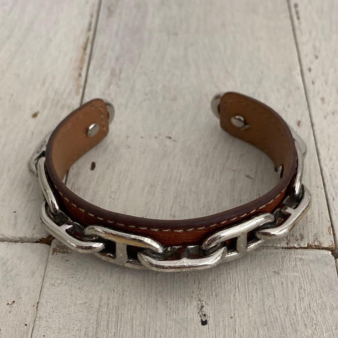 HERMES エルメス バングル シェーヌダンクル ブラウン レザー