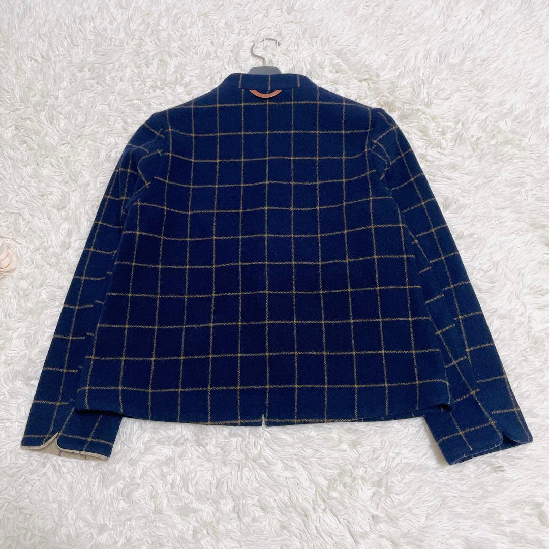 パラスパレス　ネイビー チェック ノーカラージャケット　ウール　サイズ2