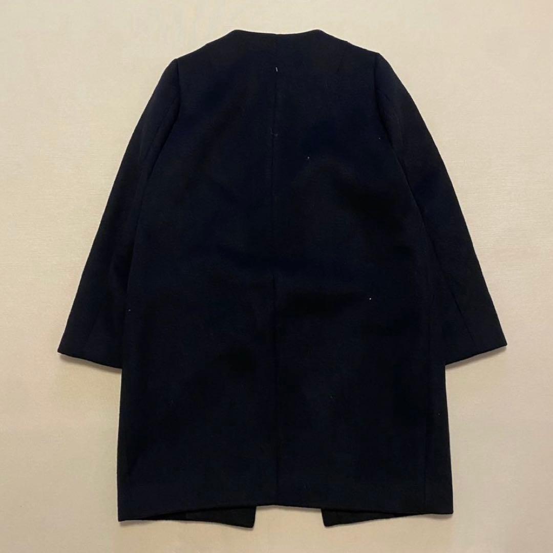 希少 ドゥーズィエムクラス ロング ノーカラー コート 紺 ウール