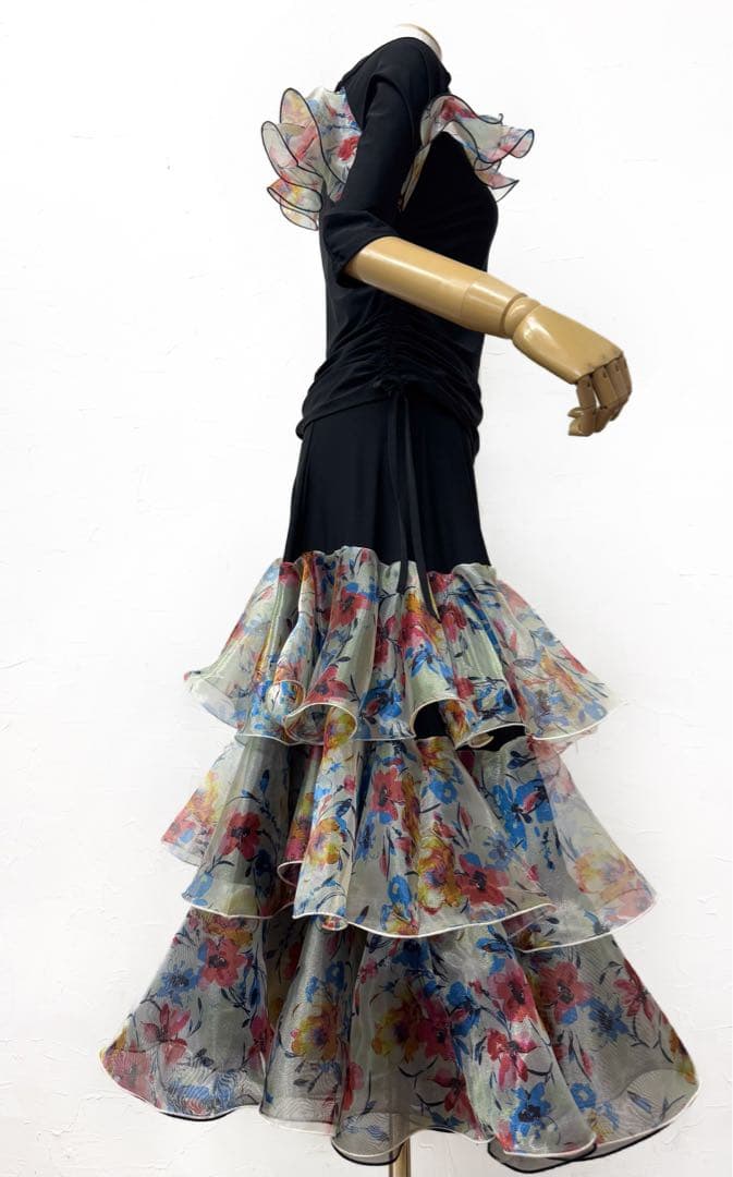 【新品】ピンク花柄プリントオーガンジーフリルスカート社交ダンスツーピースb857