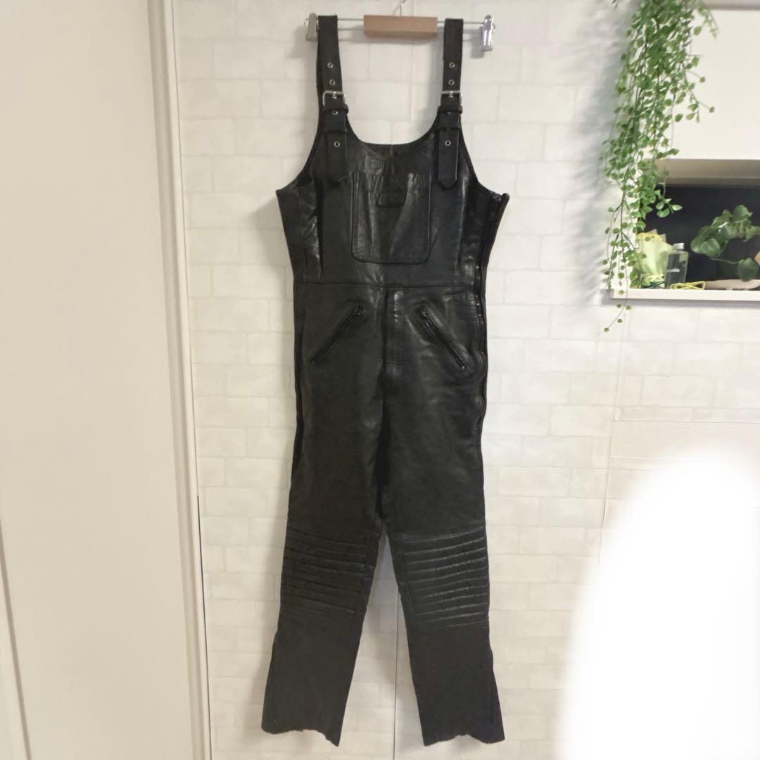 【POLO】ライディング レザーパンツ オーバーオール 本革 52 黒 ポロ