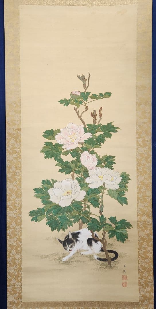 【牡丹に猫】竹川友廣 2667 ボタンとネコ 竹川友広 掛け軸 肉筆