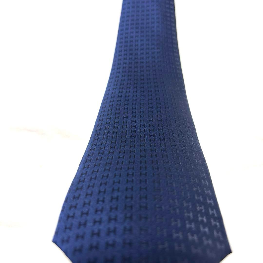極美品　HERMES　エルメス　ネクタイ　ダークネイビー　ファソネ　H柄刺繍