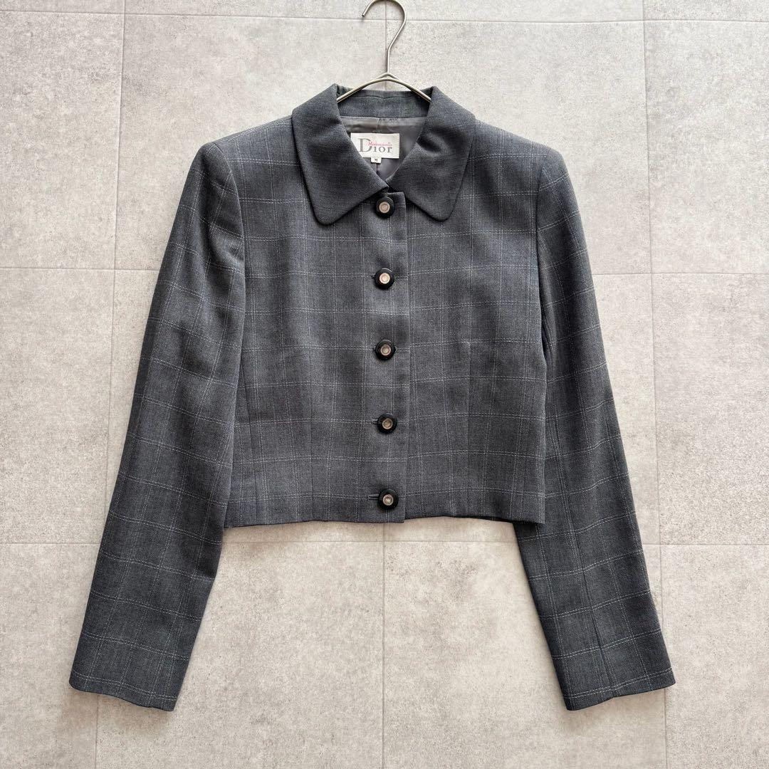 クリスチャンディオール　マドモアゼル　ジャケット　チェック柄　グレー　M　ウール