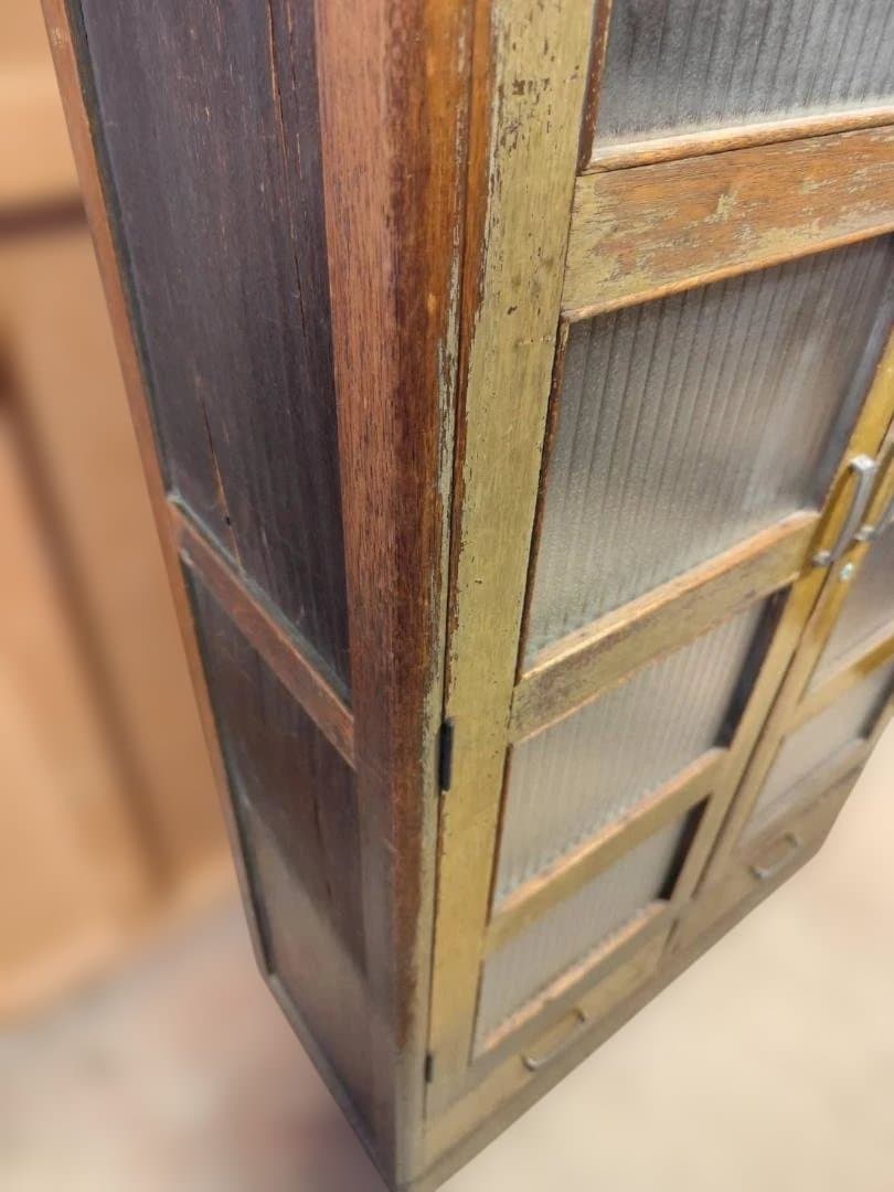 訳あり 昭和レトロ キャビネット モールガラス 収納棚 本棚 修復あり