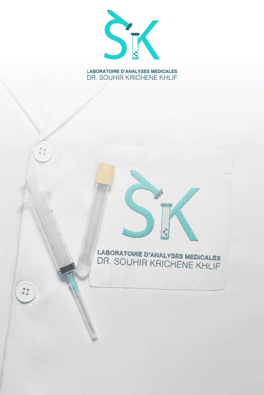 Création de l'identité visuelle du laboratoire Dr Souhir Krichene Khlif, spécialisée dans les analyses médicales.